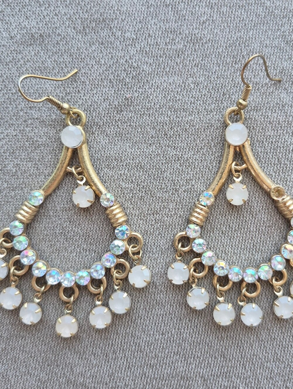Gold Chandelier Earrings with White and Iridescent Stones